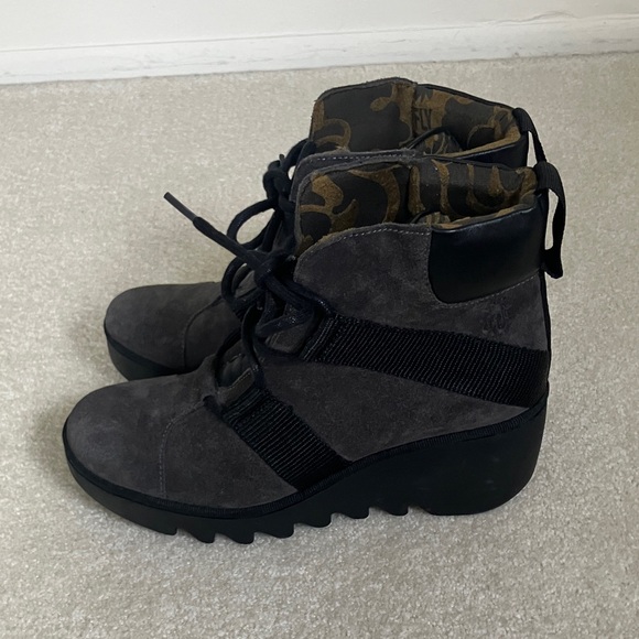 Fly London Black Lace Up Wedge Boots - Picture 4 of 7